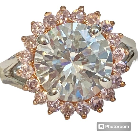 Pink Ice Halo Cocktail Ring Size 8 9 10 Statement Cubic Zirconia Silver Plated - Picture 2 of 10